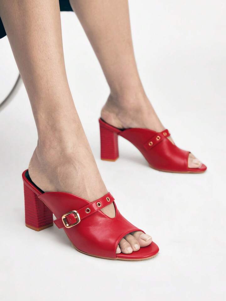 CM-SHS288176 Women Trendy Seoul Style Strap Square Heel High Heel Sandals - Red
