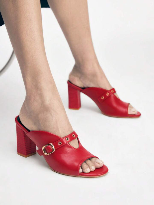 CM-SHS288176 Women Trendy Seoul Style Strap Square Heel High Heel Sandals - Red