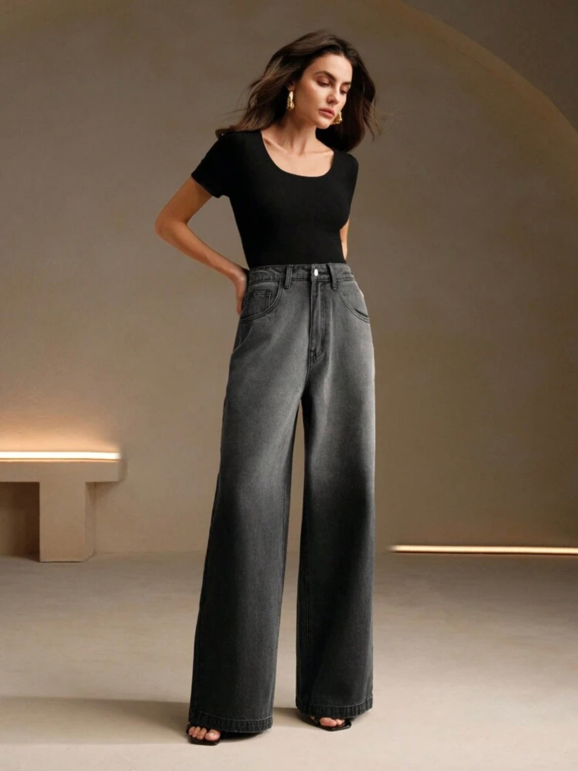 CM-BS998521 Women Casual SeouL Style Tie Dye Tie-Dye High Waist Wide Leg Jeans - Black
