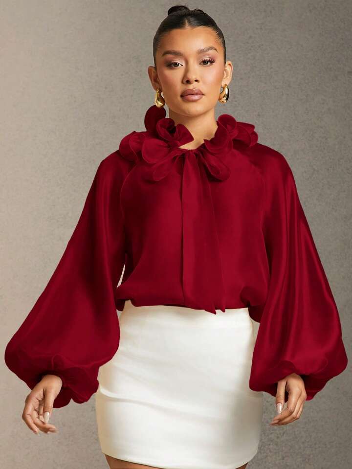 CM-TS761367 Women Elegant Seoul Style Solid Color Ruffle Trim Tie Neck Lantern Sleeve Blouse - Burgundy