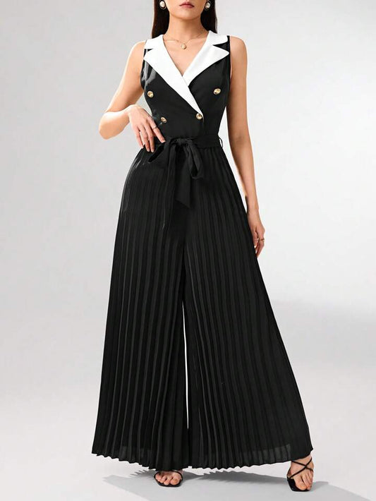 CM-JS023123 Women Elegant Seoul Style Lapel Neckline Sleeveless High Waist Pleated Jumpsuit - Black
