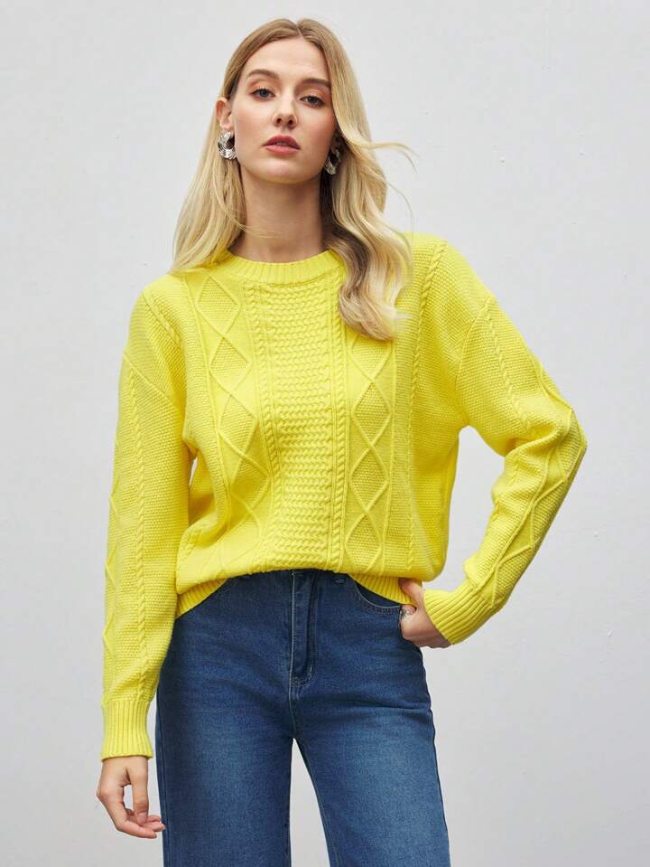 CM-CS511162 Women Casual Seoul Style Round Neck Drop Shoulder Long Sleeve Knit Pullover - Yellow