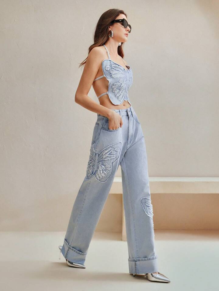 CM-BS777454 Women Casual Seoul Style Butterfly Embroidered Wide-Leg Jeans - Blue