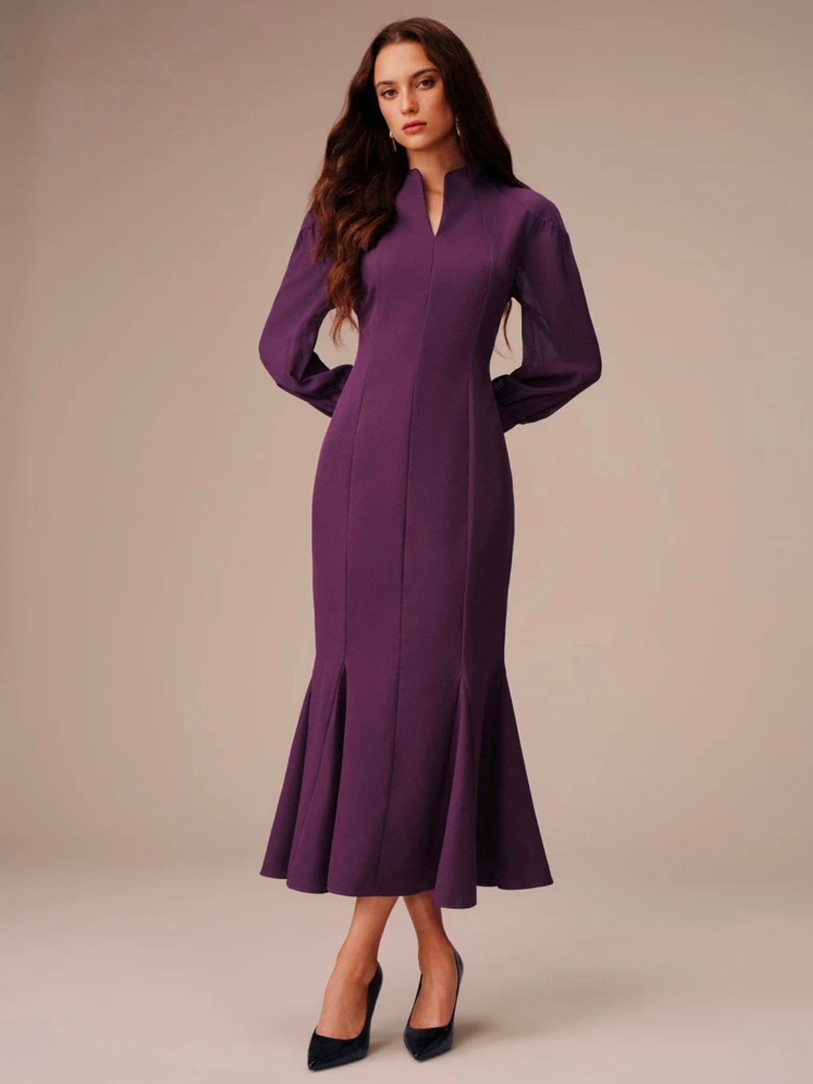 CM-DS873232 Women Elegant Seoul Style Chiffon V-Notch Stand Collar Sheer Puff Sleeves Mermaid Hem Long Dress