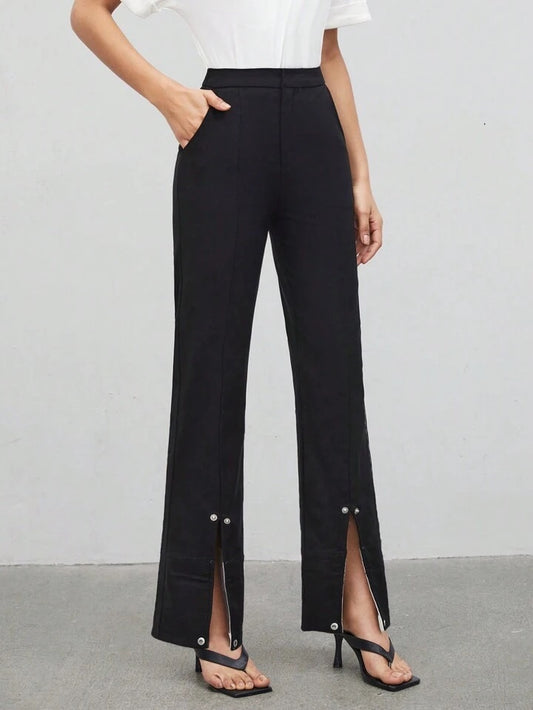 CM-BS251328 Women Elegant Seoul Style Slanted Pocket Split Hem Pants - Black