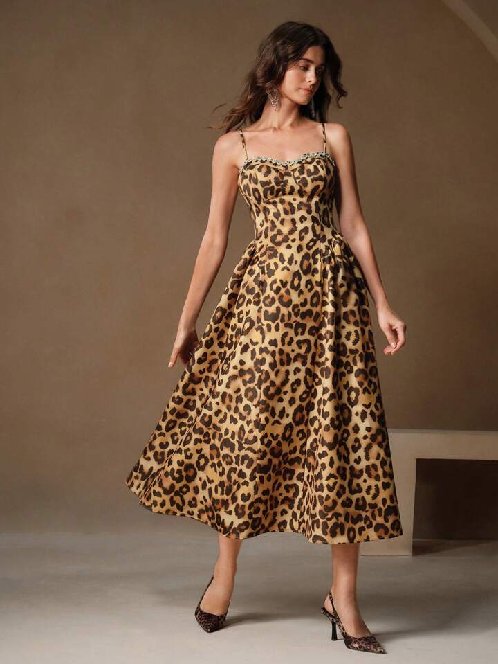 CM-DS030246 Women Elegant Seoul Style Spaghetti Strap Leopard Print Rhinestone Embellished Midi Dress