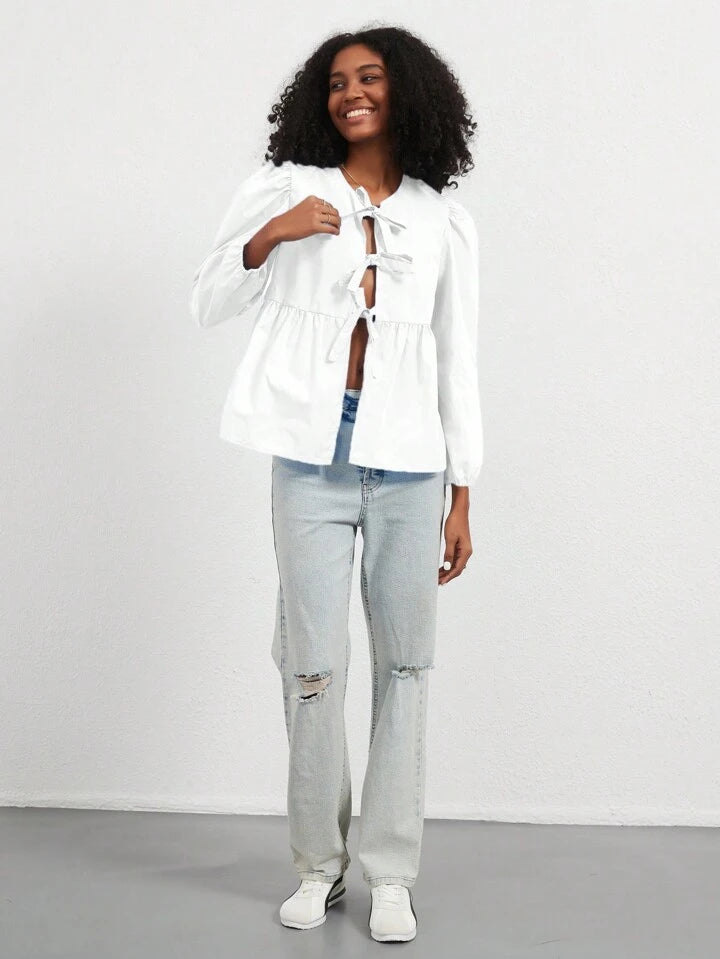 CM-TS961973 Women Casual Seoul Style Print Ruffle Hem Tie Long Sleeve Shirt - White