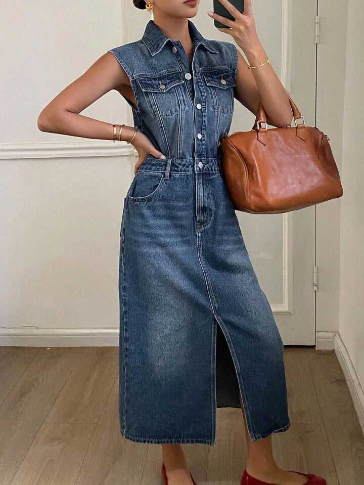 CM-DS949833 Women Casual Seoul Style Collar Neckline Sleeveless High Waist Denim Dress - Blue
