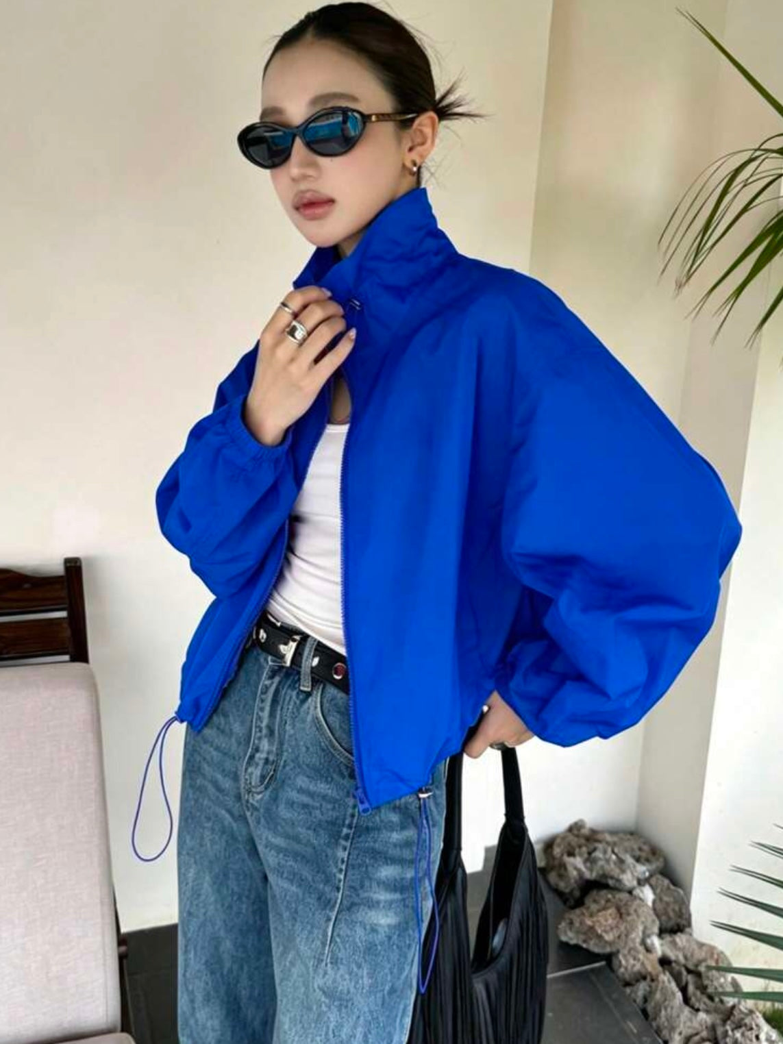 CM-CS788067 Women Casual Seoul Style Drawstring Collar Loose Fit Short Lightweight Jacket - Blue