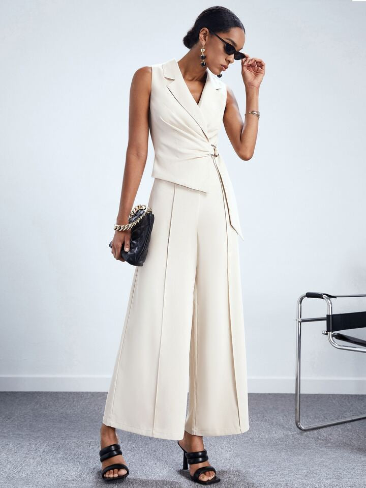 CM-JS565333 Women Elegant Seoul Style Lapel Neckline Sleeveless Wide Leg Jumpsuit - Beige