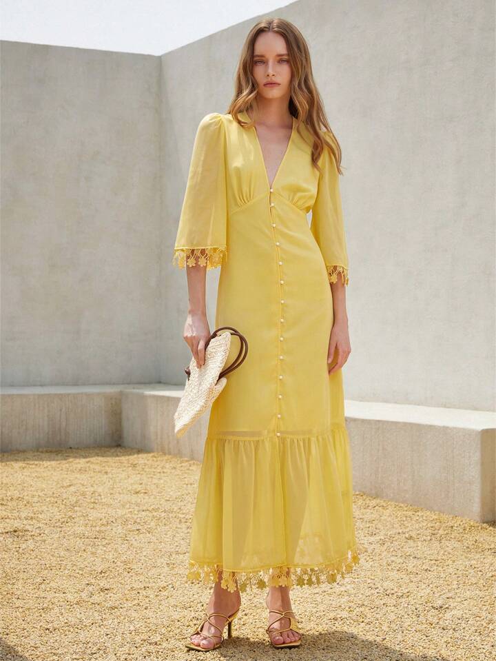 CM-DS080130 Women Elegant Seoul Style Deep V-Neck Floral Lace Trim 3/4 Sleeve Button Design A-Line Dress - Yellow
