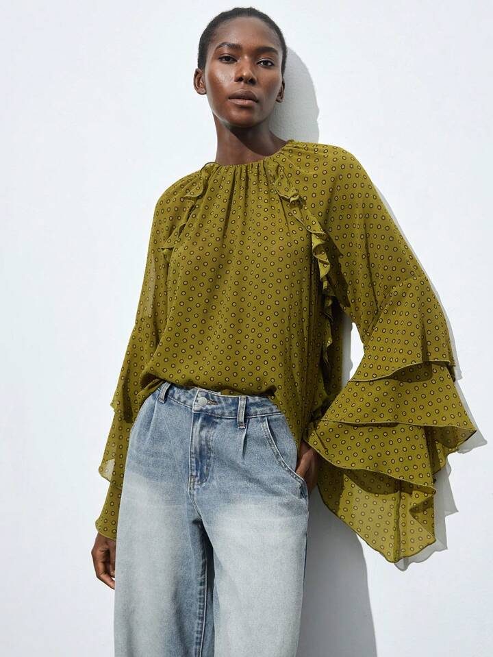CM-TS667004 Women Elegant Seoul Style Round Neck Polka Dot Ruffle Hem Bell Sleeve Blouse - Green