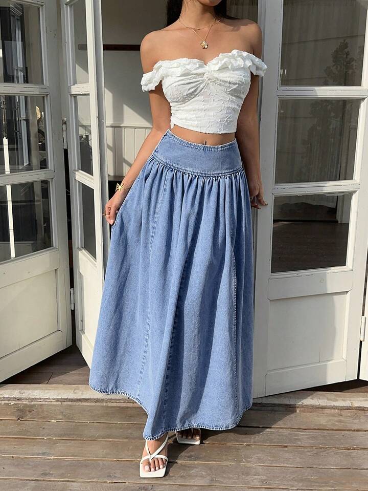 CM-BS244233 Women Casual Seoul Style Solid Color High Waist Pleated Long Denim Skirt - Blue