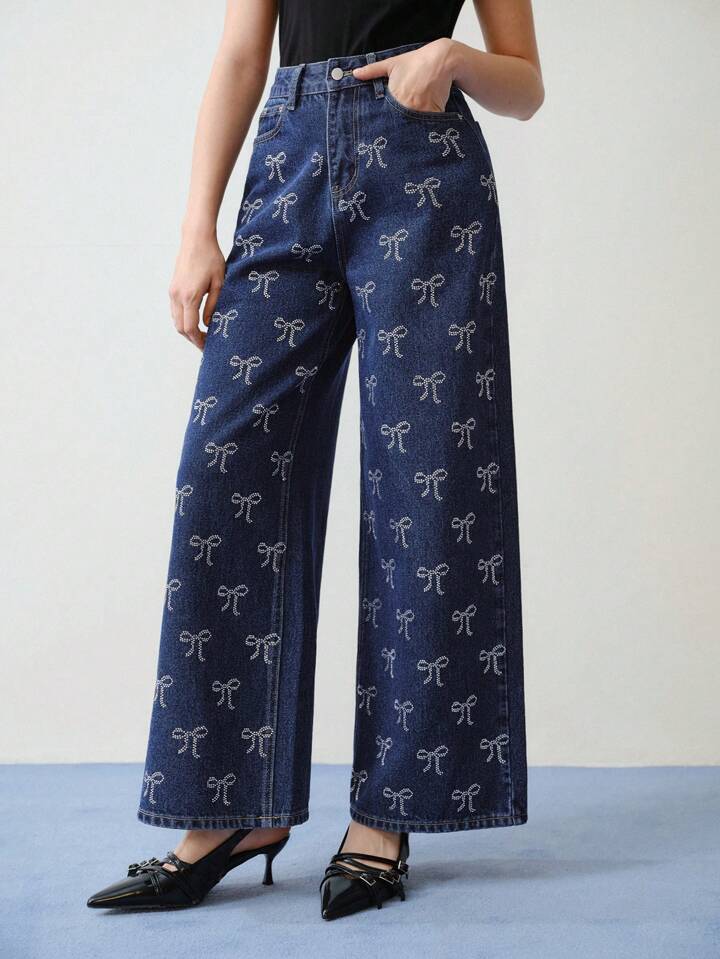 CM-BS221303 Women Elegant Seoul Style Bow All Over Print Wide Leg Jeans - Blue