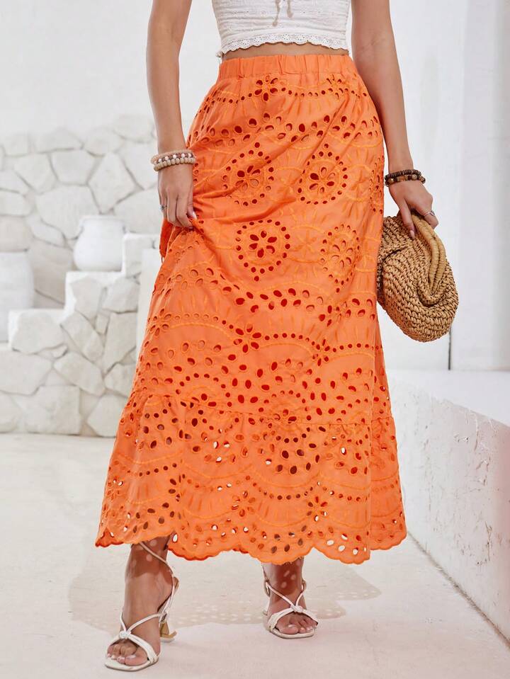 CM-BS622922 Women Trendy Bohemia Style Cut-Out Embroidered Long Skirt - Orange