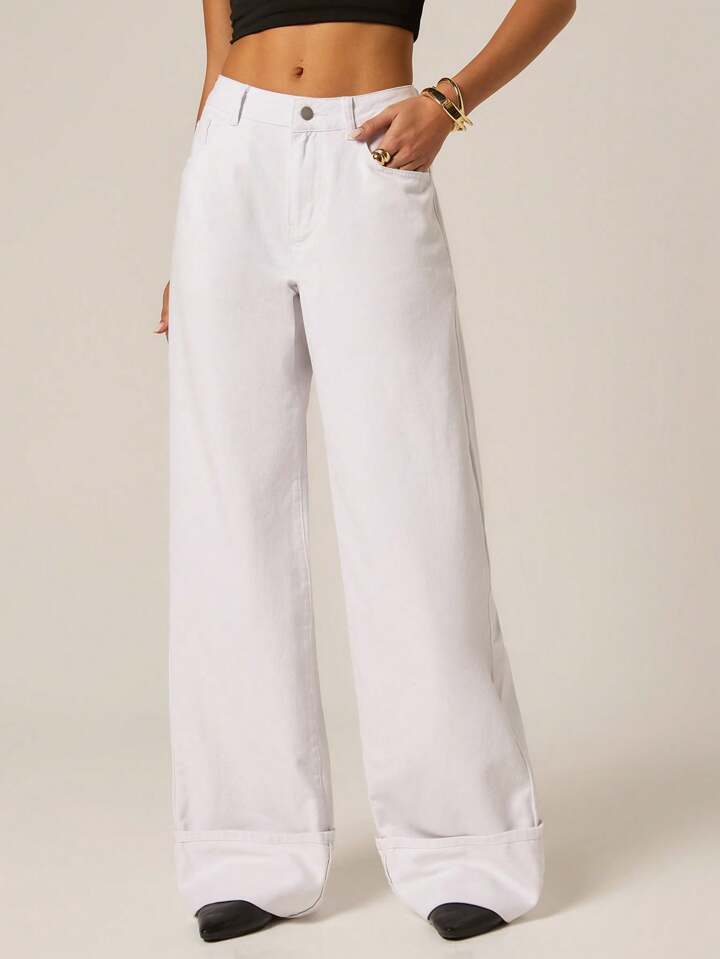 CM-BS711983 Women Casual Seoul Style Mid Waist Pocket Wide Leg Loose Denim Jeans - White