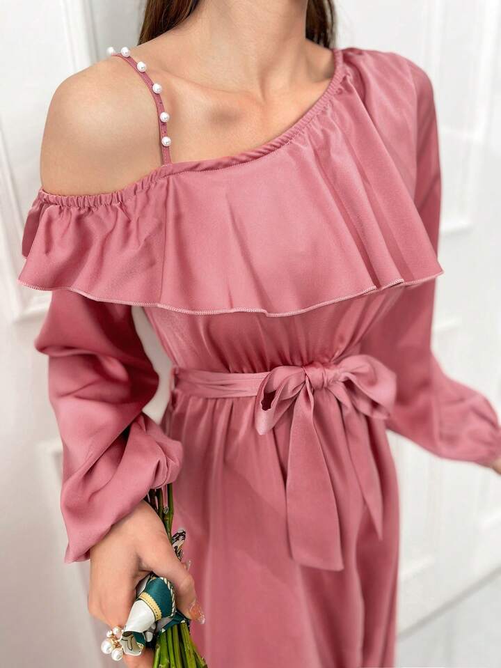 CM-DS197837 Women Elegant Seoul Style Asymmetric Collar Ruffle Hem A-Line Dress - Hot Pink