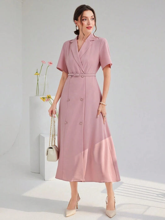 CM-DS167574 Women Elegant Seoul Style Double Breasted Suit Collar Belted Short Sleeve Dress - Pink