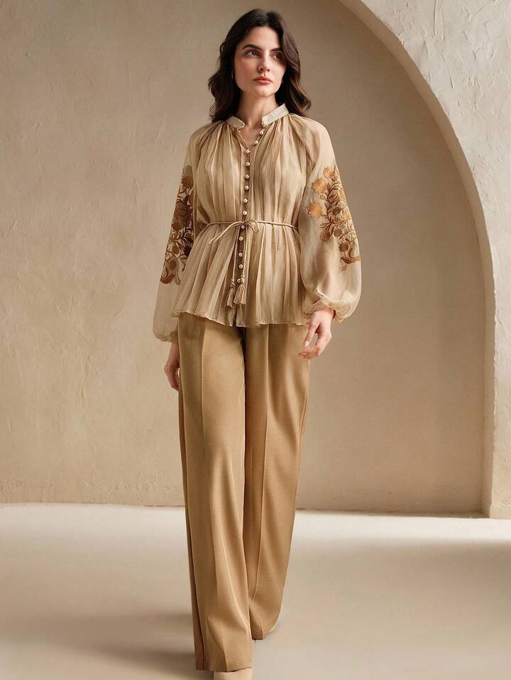 CM-TS116612 Women Elegant Seoul Style Stand Collar Long Sleeve Pleated Embroidered Tie Waist Blouse - Khaki