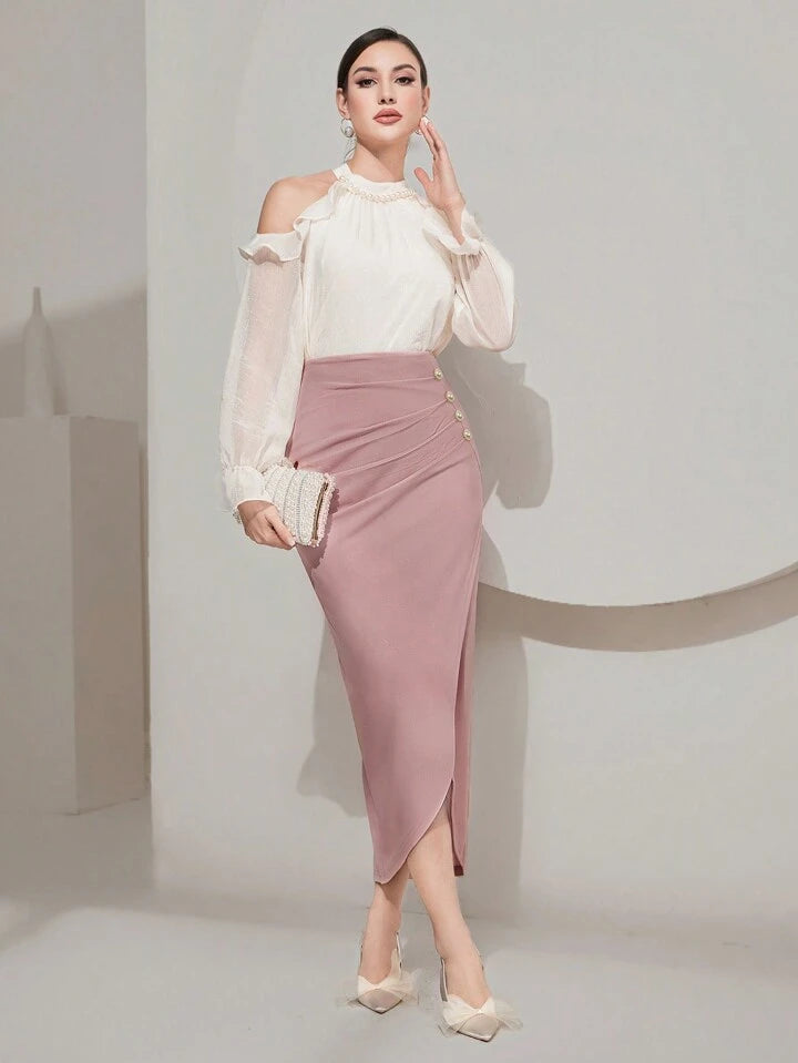 CM-BS328857 Women Elegant Seoul Style Wrap Ruched Asymmetrical Long Skirt - Pink