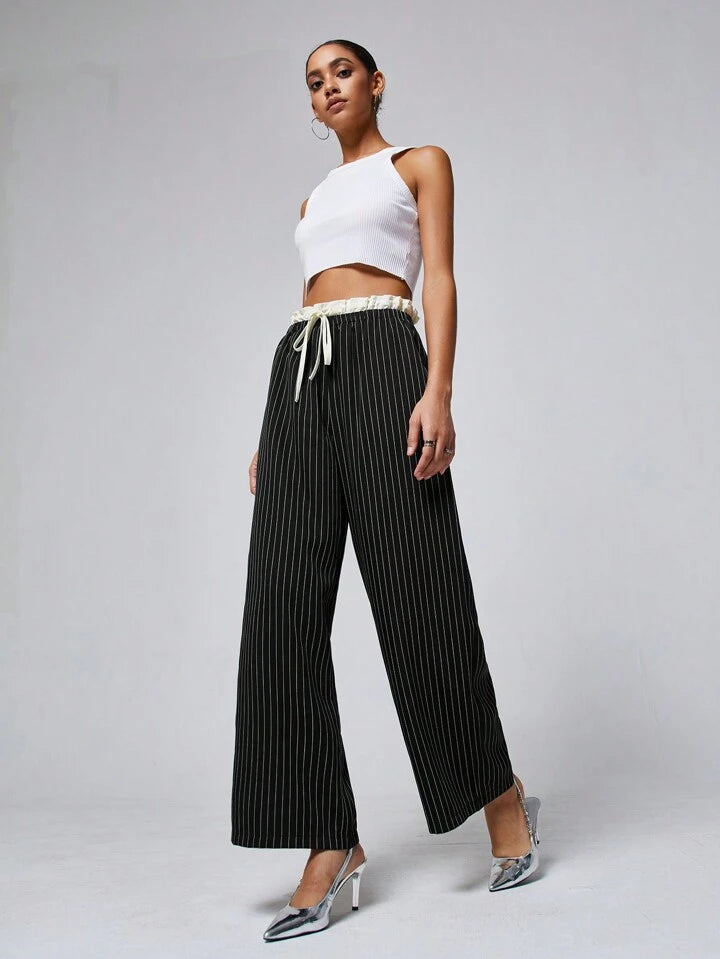 CM-BS112828 Women Casual Seoul Style Color Block Double Waist Wide Leg Striped Long Pants