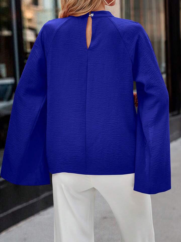 CM-TS453700 Women Casual Seoul Style Keyhole Neckline Cloak Sleeve Blouse - Royal Blue