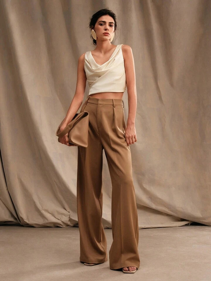 CM-TS599049 Women Casual Seoul Style Solid Color Drop Neck Sleeveless Shirt - Beige