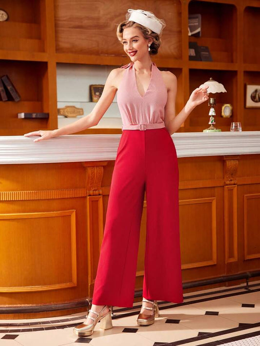 CM-JS699469 Women Elegant Seoul Style Bow Tie Halter V-Neck Waist Belt Jumpsuit