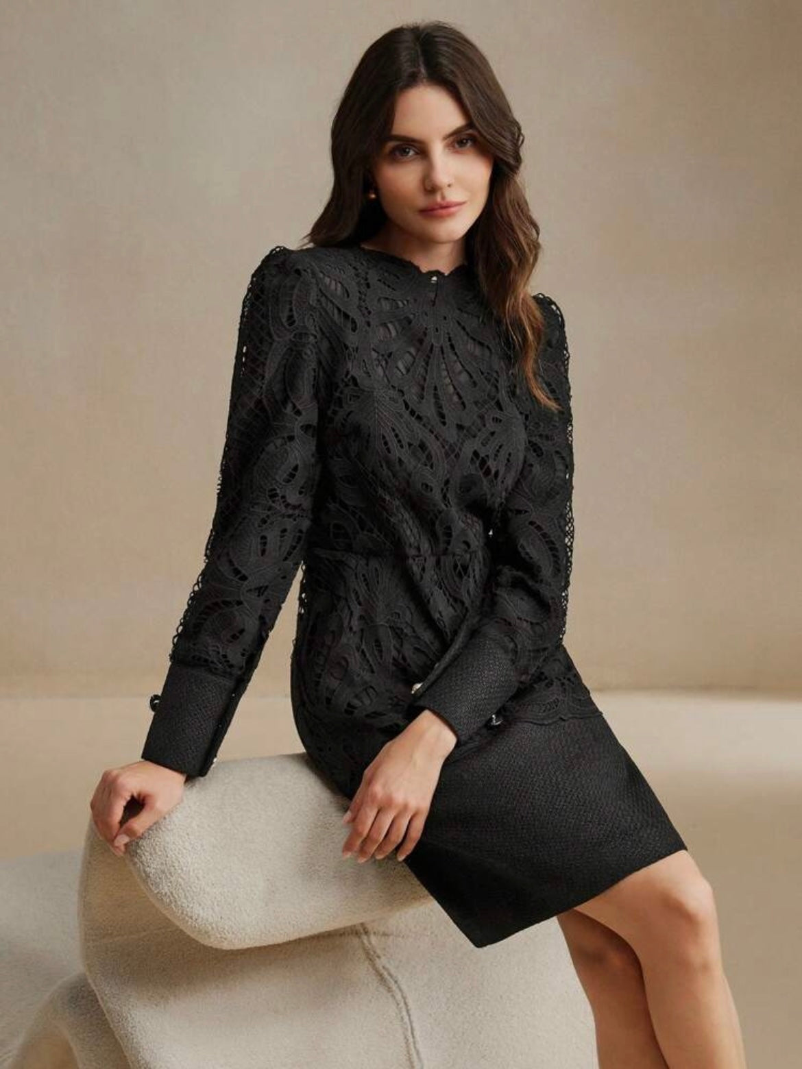 CM-DS848781 Women Elegant Seoul Style Stand Collar Long Sleeve Lace Patchwork Cheongsam Dress - Black