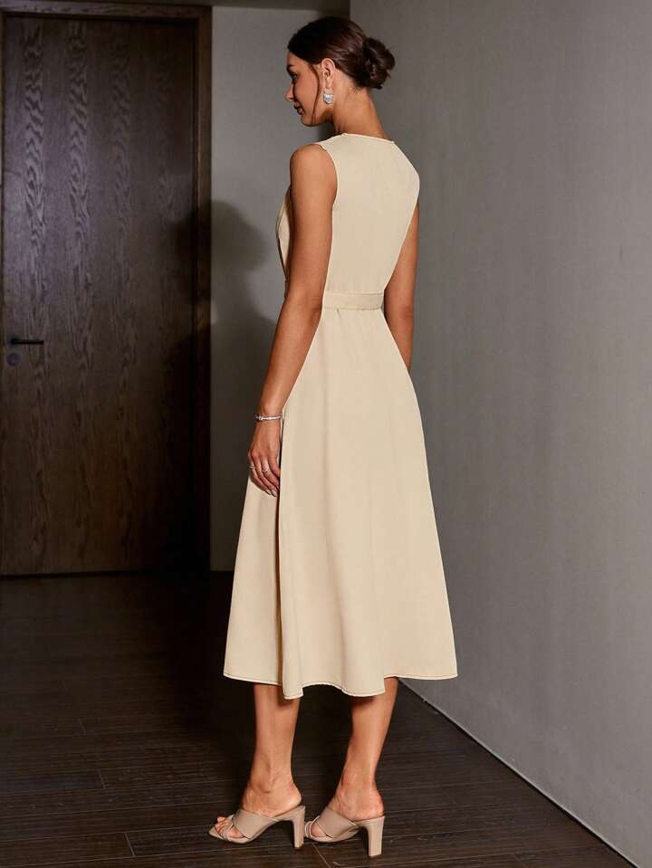 CM-DS890499 Women Casual Seoul Style Round Neck Half Zipper Sleeveless Dress - Apricot