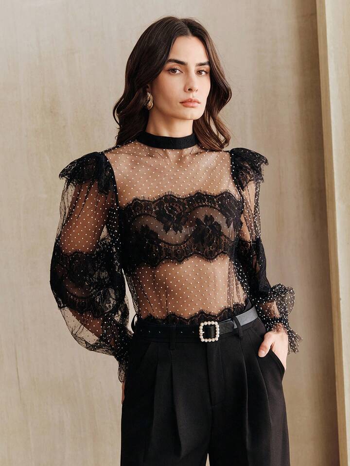 CM-TS524661 Women Elegant Seoul Style Sheer Lace Ruffle Trim Long Sleeve Blouse - Black