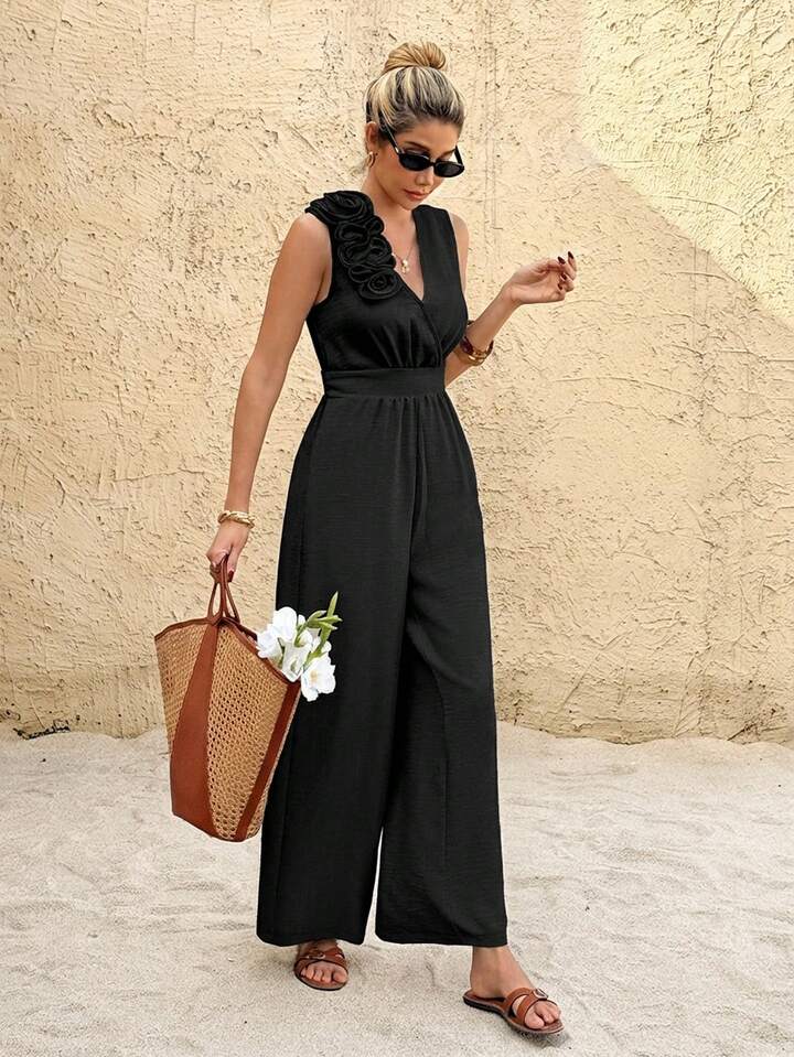 CM-JS647265 Women Trendy Bohemian Style Linen 3D Floral Decor V-Neck Sleeveless Wide Leg Jumpsuit - Black