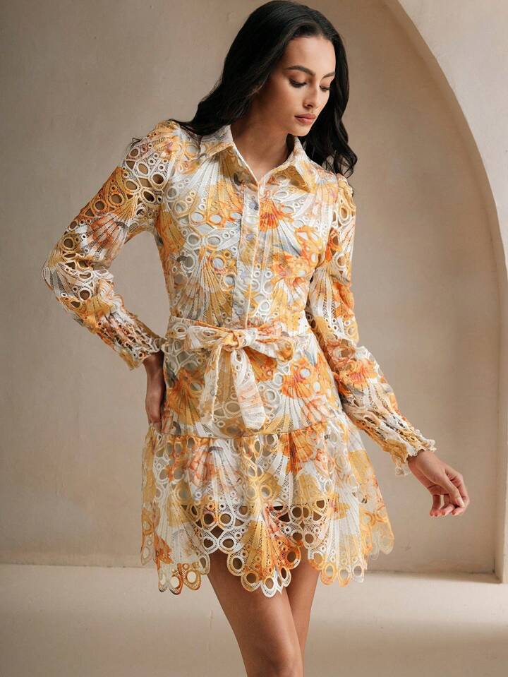 CM-DS592268 Women Trendy Bohemian Style Collared Long Sleeve Tie-Up Floral Hollow-Out Two-Layer Dress
