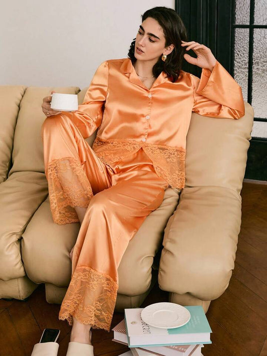 CM-LS629502 Women Trendy Seoul Style Lace Patchwork Satin Lapel Neckline Long Sleeve Pajama Set