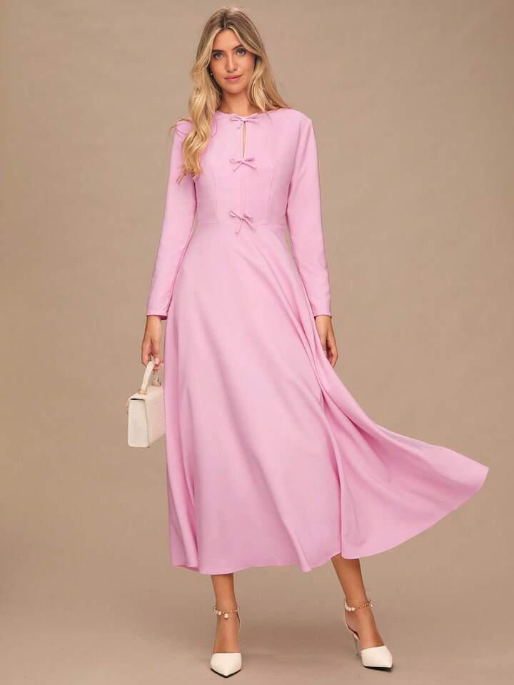 CM-DS775663 Women Elegant Seoul Style Bowknot Decor Round Neck Long Sleeves Maxi Dress - Pink