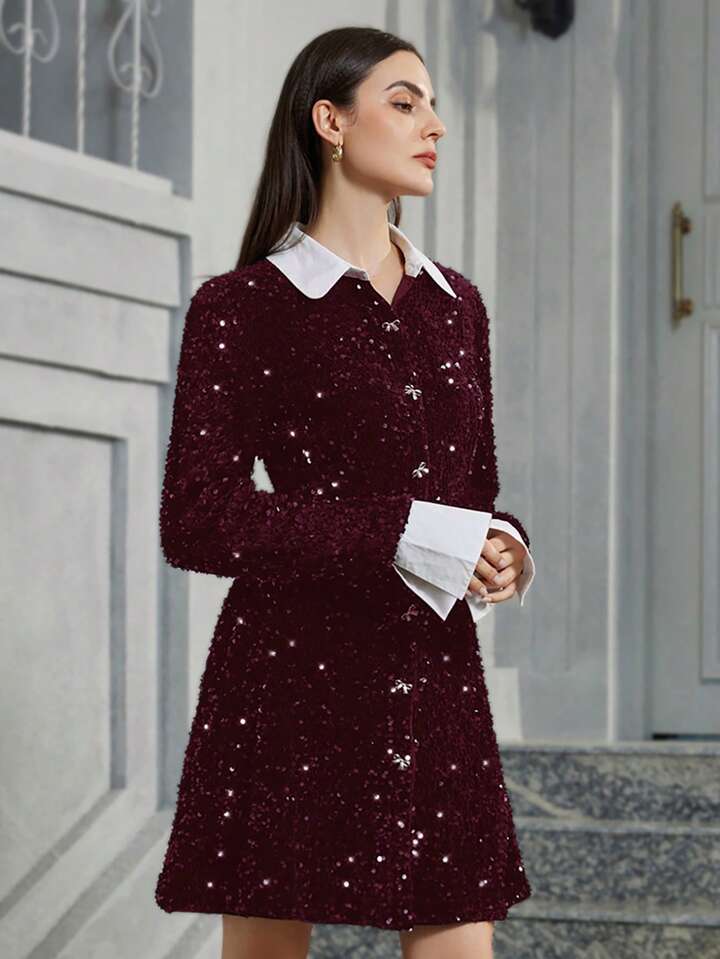 CM-DS117007 Women Elegant Seoul Style Sequin Patchwork Colorblock Shirt Collar Long Sleeve Midi Dress