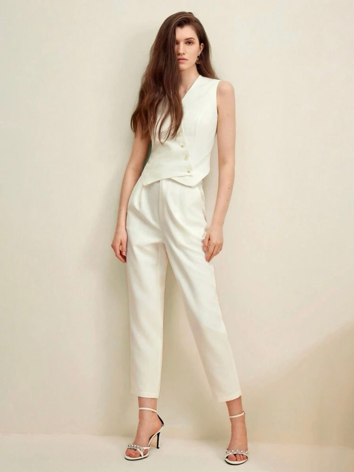 CM-SS908096 Women Elegant Seoul Style Cream-Colored Suit Jacket With Tapered Trousers - Set