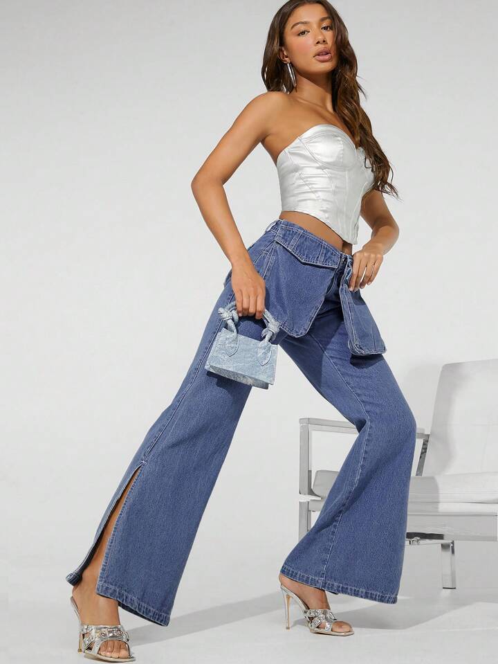 CM-BS912251 Women Casual Seoul Style Medium Wash Flap Pocket Contrast Wide Leg Jeans