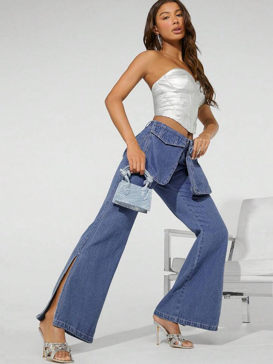 CM-BS912251 Women Casual Seoul Style Medium Wash Flap Pocket Contrast Wide Leg Jeans