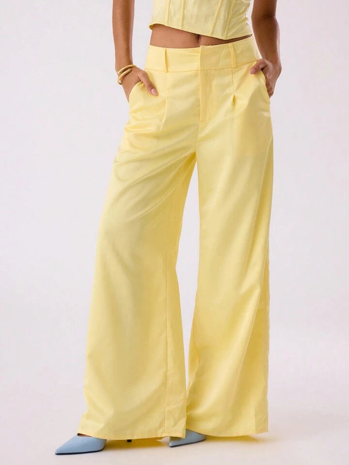 CM-BS543334 Women Casual Seoul Style Satin Wide Leg Pleat Front Trouser - Yellow