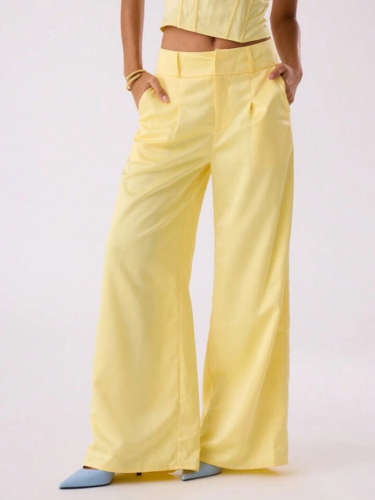 CM-BS543334 Women Casual Seoul Style Satin Wide Leg Pleat Front Trouser - Yellow