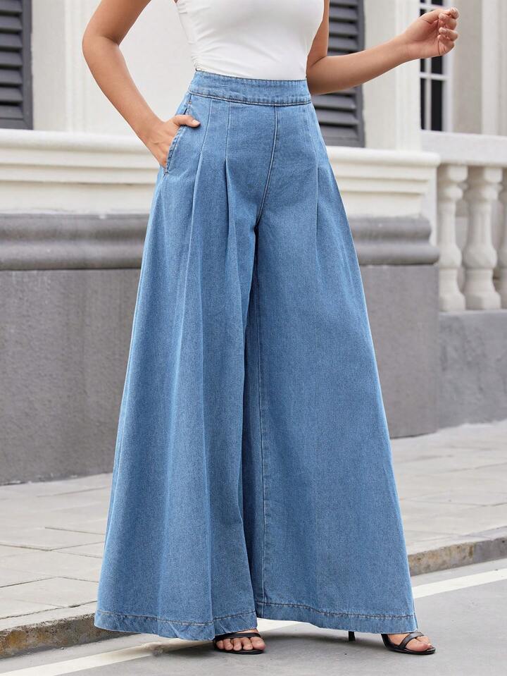 CM-BS082892 Women Casual Seoul Style Light Wash High Waist Pleated Wide-Leg Jeans