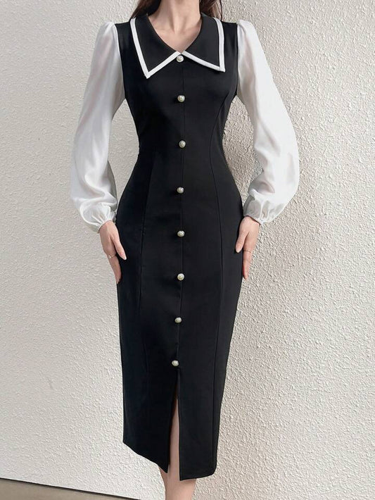 CM-DS666143 Women Elegant Seoul Style Lapel Collar Colorblock Cinched Waist Pencil Dress