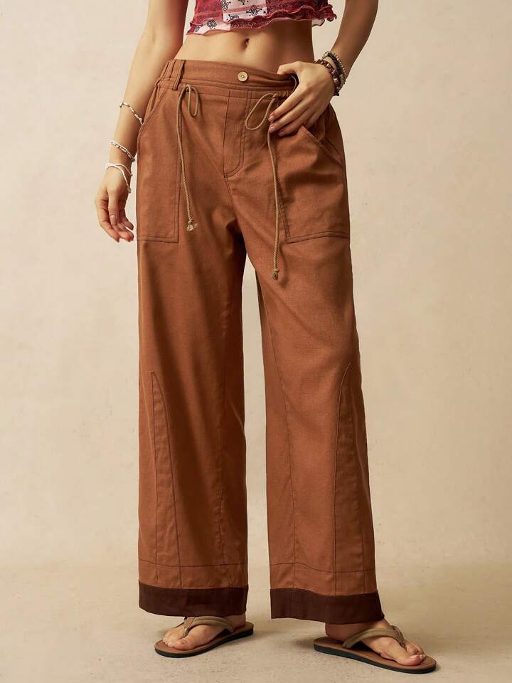 CM-BS045449 Women Trendy Bohemian Style Solid Color Drawstring Waist Long Pants - Coffee Brown