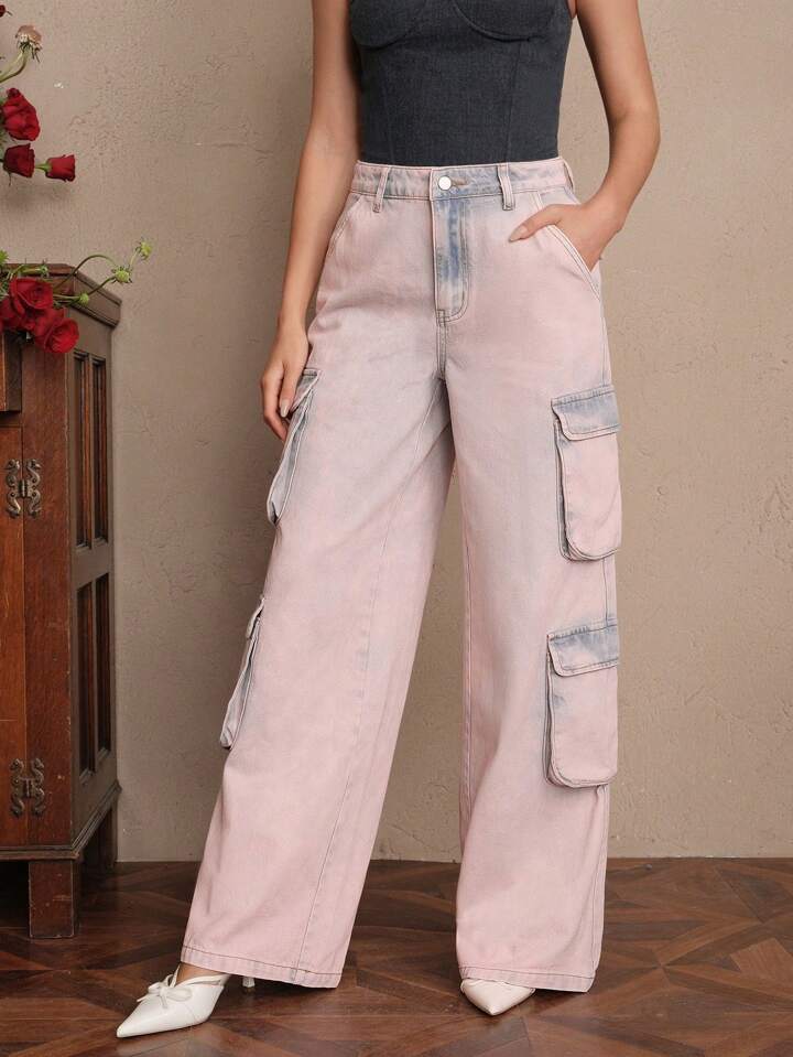 CM-BS445459 Women Casual Seoul Style Mid Waist Tie Dye Straight-Leg Cargo Jeans - Pink