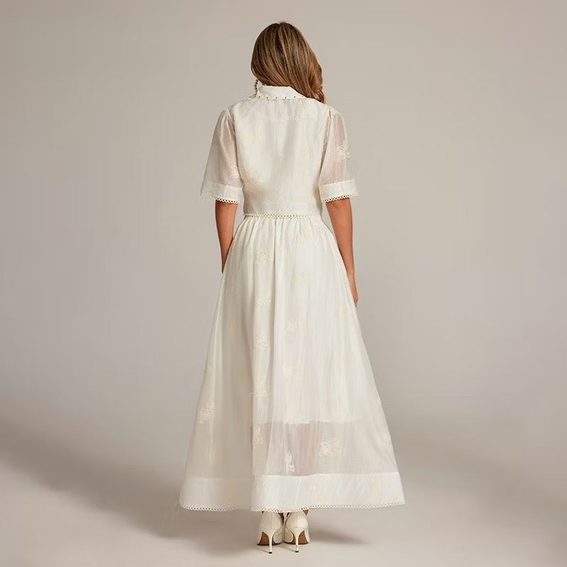 CM-SY035589 Women Elegant European Style Collar Neckline Half Sleeve Beads Decor Blouse With High Waist Long Skirt - Set