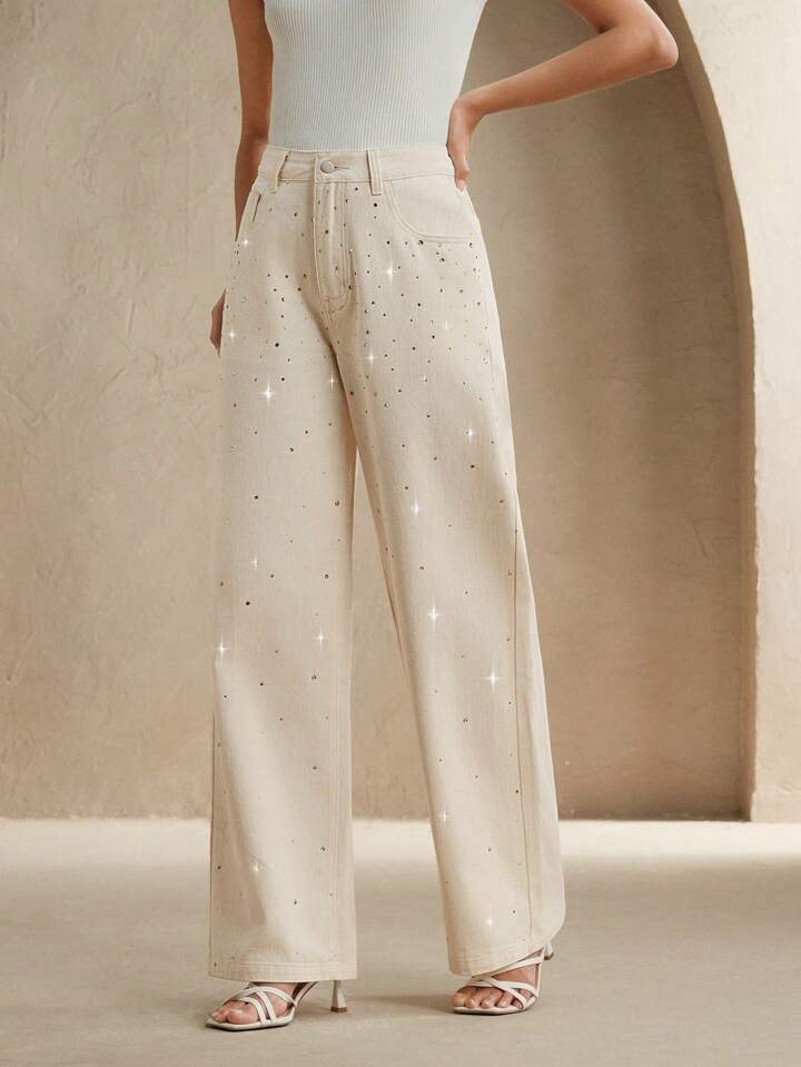 CM-BS639077 Women Casual Seoul Style Mid Waist Rhinestoned Decor Straight Leg Jeans - Beige