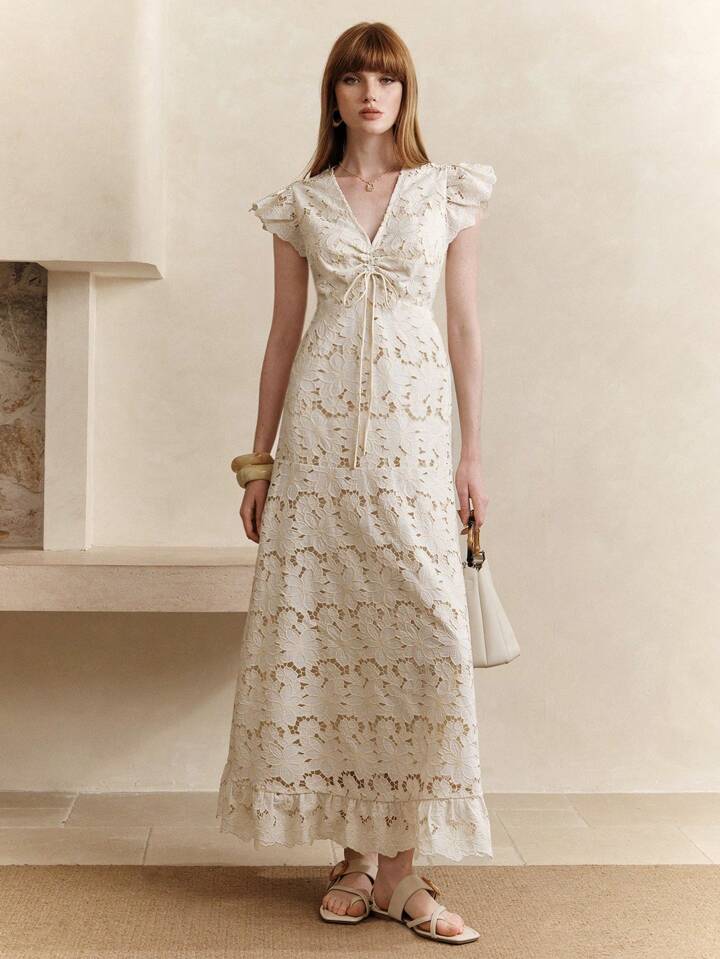 CM-DS803311 Women Elegant Seoul Style Lace Embroidered Hollow-Out V-Neck Ruched Waist Maxi Dress - Apricot