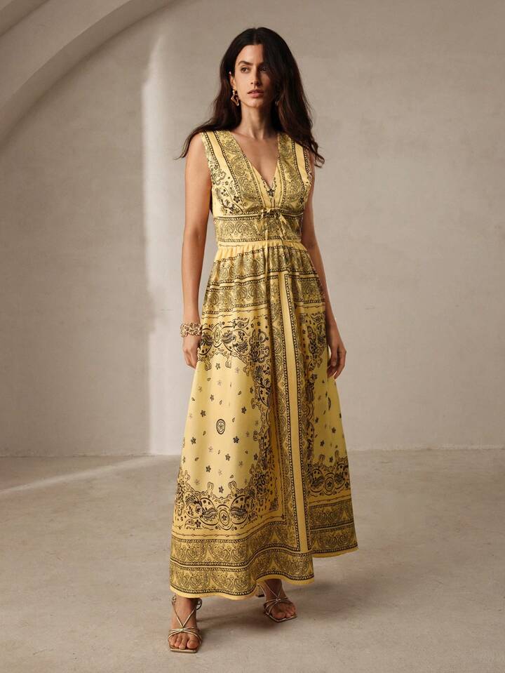 CM-DS360760 Women Trendy Bohemian Style Paisley Print Sleeveless Deep V-Neck Cinched Waist Maxi Dress