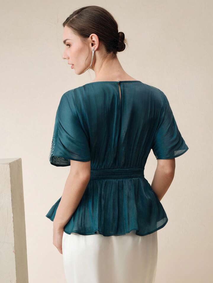 CM-TS022873 Women Elegant Seoul Style Round Neck Short Sleeve Rhinestone Gathered Waist Pullover Blouse - Cadet Blue